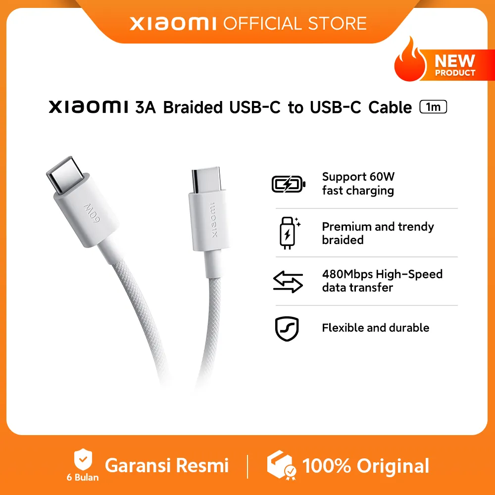 [10858] Xiaomi 3A Braided USB-C to USB-C Cable (1m) 67365